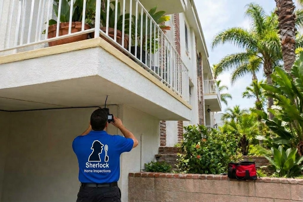 Sherlock Home Inspections inspector photographing a residential balcony during inspection