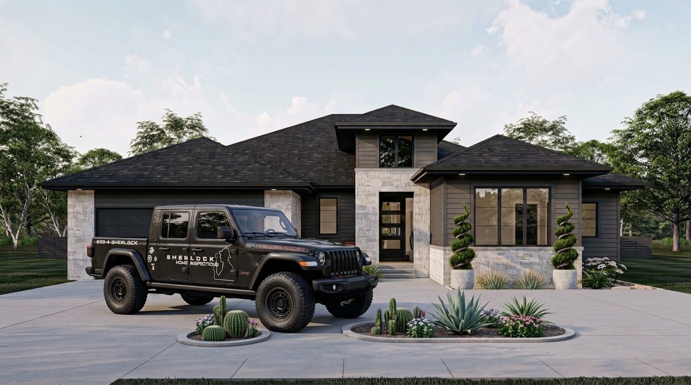 Sherlock Home Inspections branded Jeep truck parked in front of modern Florida home