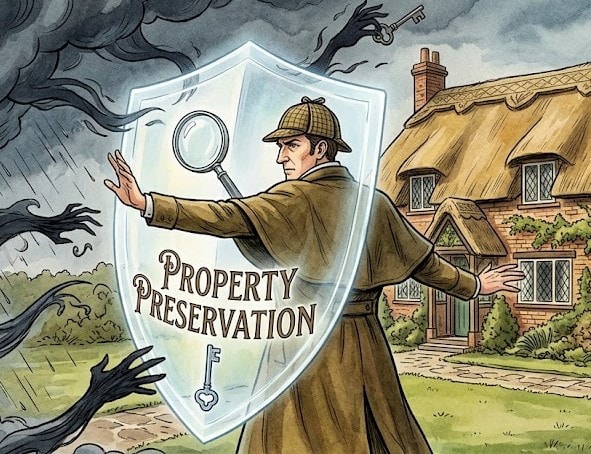 Sherlock Home Inspections Property Preservation — detective shielding home from threats